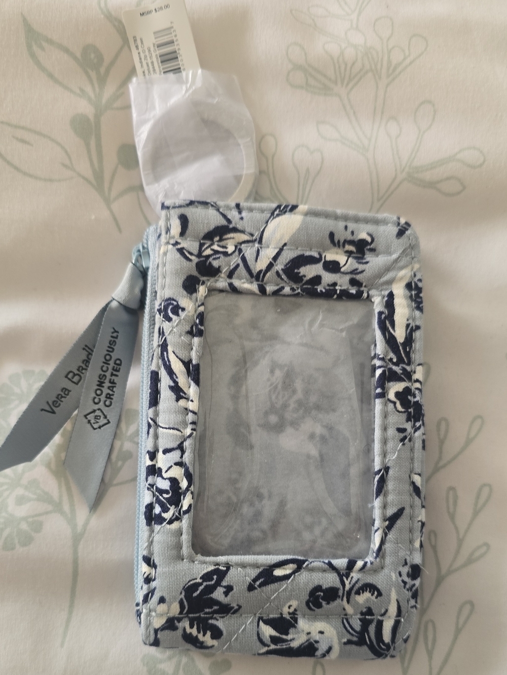 Vera Bradley RFID Deluxe Zip ID Case Key Ring Perenmials Gray New